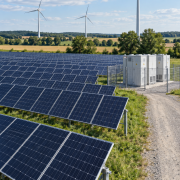 Photovoltaikanlage, Batteriespeicher und Windkraft als Beispiele für Energieanlagen Finanzierung