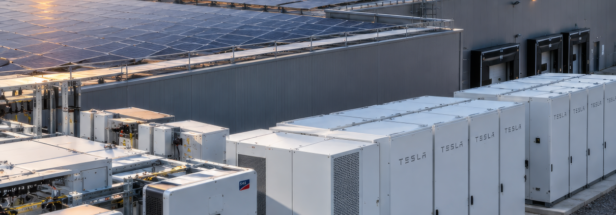 Solarpark mit Photovoltaikanlage und Batteriespeicher als Beispiel für die Finanzierung eines Energie-Investments