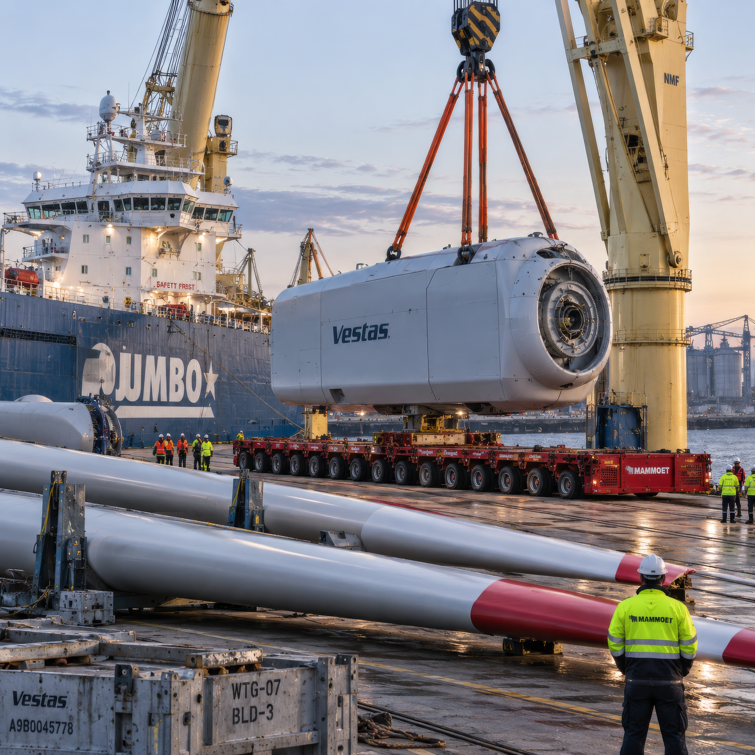 Windkraftanlage mit Rotorblättern und Gondel im Industriehafen als Beispiel für die Finanzierung von Großinvestitionen