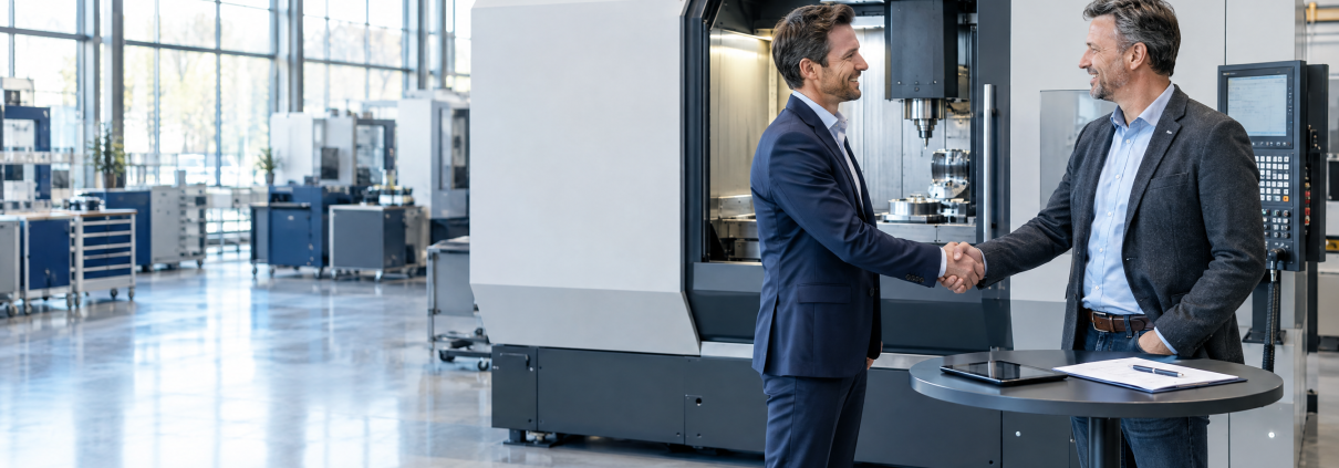 Maschinenhersteller und Unternehmer besiegeln vor einer neuen CNC-Maschine den Kauf mit passender Absatzfinanzierung per Leasing oder Mietkauf